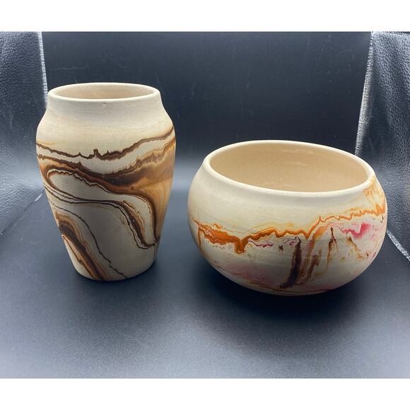 2 Vintage Nemadji Pottery Vases Swirled Clay -Stamped